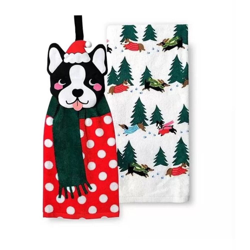 St. Nicholas Square Red Dog Tie-Top Kitchen Towel 2-pk NEW